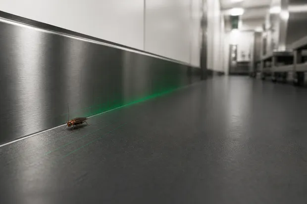 Barata em corredor técnico limpo com grade verde de inspeção
